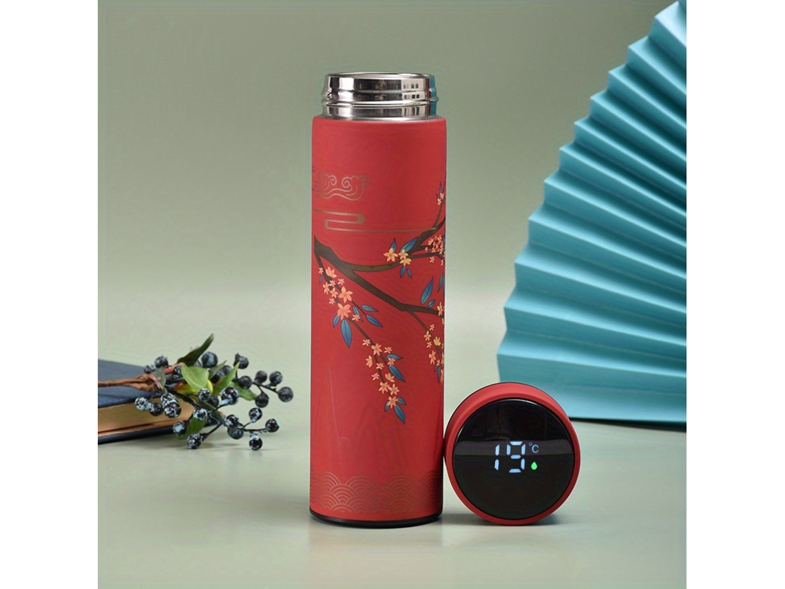(rojo) Una Botella De Agua Aislada De Estilo Chino Con Pantalla De Temperatura Inteligente, Taza Térmica De Acero Inoxidable Retro