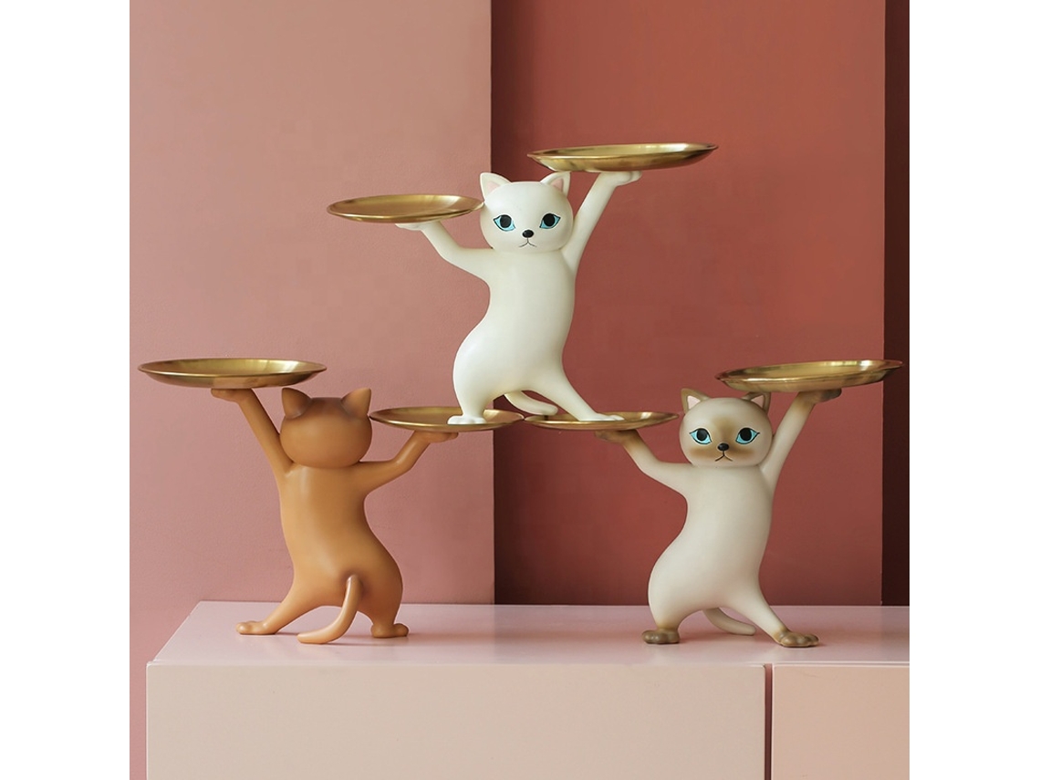 Bandeja organizadora de llaves con forma de gato divertida para la entrada, decoración de mesa del hogar, resina con gato en pose divertida.