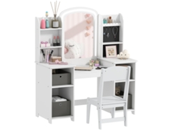 Taburete Tocador Infantil Con Espejo Led, Para Niños De 3 A 8 Años, Blanco, 104x40x112