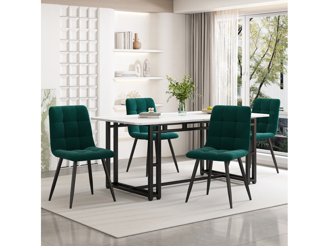 Conjunto Comedor 140x80 Cm - Mesa Moderna Y 4 Sillas Terciopelo Verde