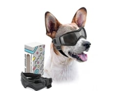 Gafas Rebe para perros de razas pequeñas, lentes curvas con protección UV, ajustables y cómodas, color negro.