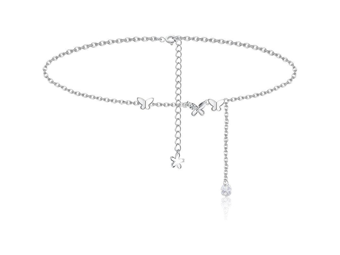 Pulsera De Tobillo De Plata 925 Para Mujeres, Doble Capa Con Mariposa Y Corazón Ajustable Hipoalergénica