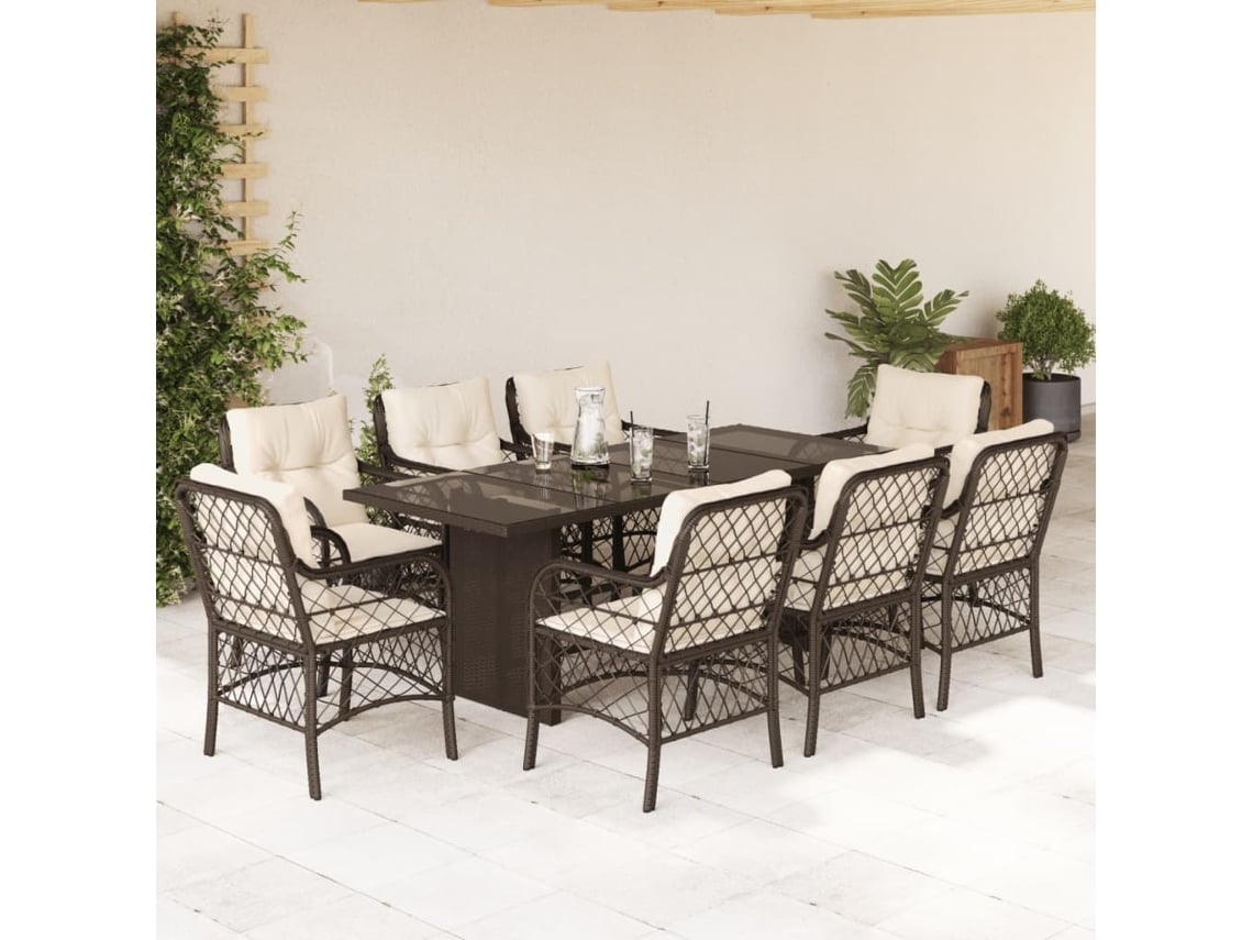 Juego de comedor de jardín de 9 piezas con cojines de mimbre marrón DKD Home Decor