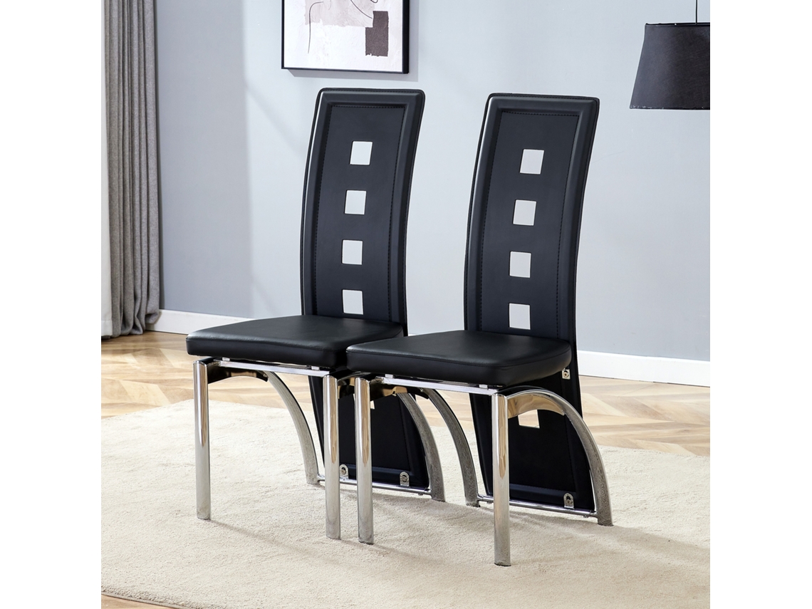 Sillas De Comedor 2 Piezas - Diseño Europeo Con Patrón De Agujeros, Pu Negro + Patas Metálicas Plateadas - Negro+plata