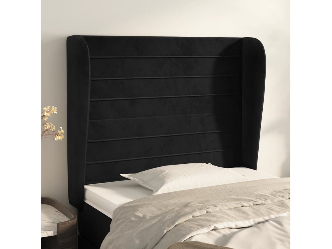 Cabecero Con Orejas De Terciopelo Negro 103x23x118/128 Cm