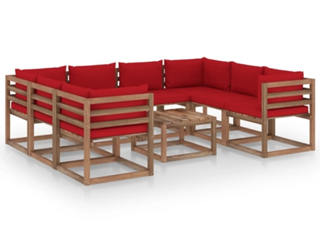 vidaXL Juego de muebles de jardín 9 piezas con cojines rojo