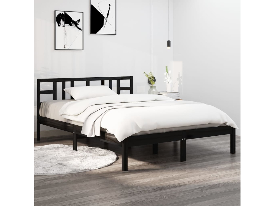 Estructura De Cama De Madera Maciza De Pino Negra 200x200 Cm