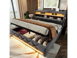Cama Doble 180x200 Cm Tapizada, Led 360°, Usb-c, Cabecero Y Piecero, Almacenamiento Hidráulico, Gris, Sin Colchón.