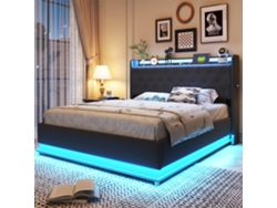 Cama Tapizada De 140x200 Cm Con Led, Usb, Compartimento De Almacenamiento Hidráulico Y Tejido De Lino Gris.
