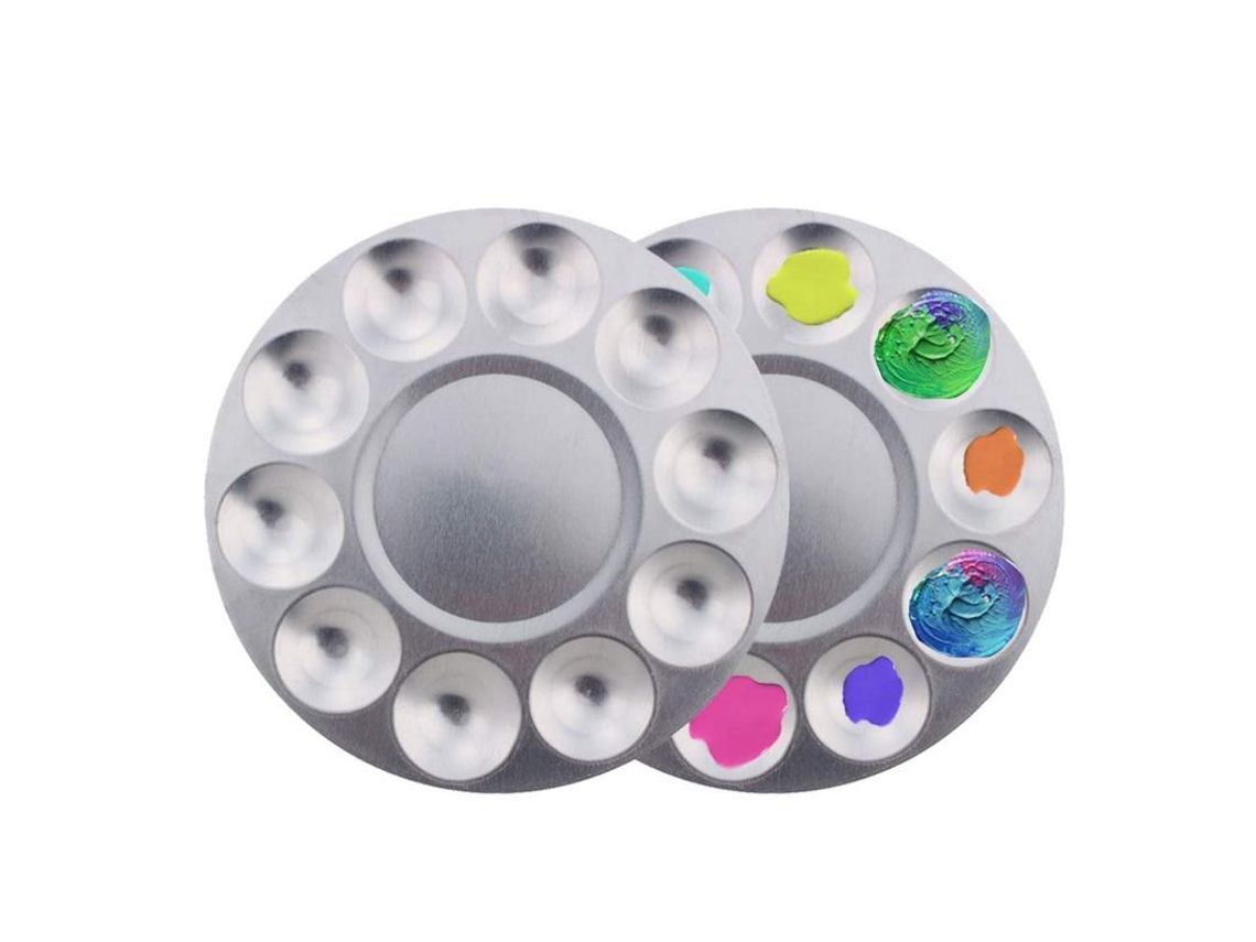 Paleta de pintura de aluminio con 10 compartimentos y depósito central, color plata, 2 unidades.