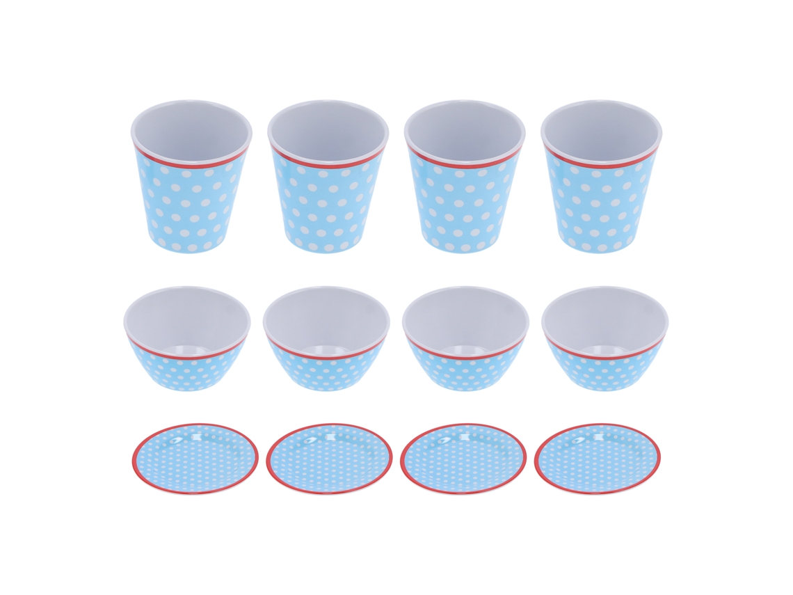Juego de vajilla de melamina de 12 piezas con taza, tazón y plato con lunares azul claro para el hogar, el restaurante y la cocina.