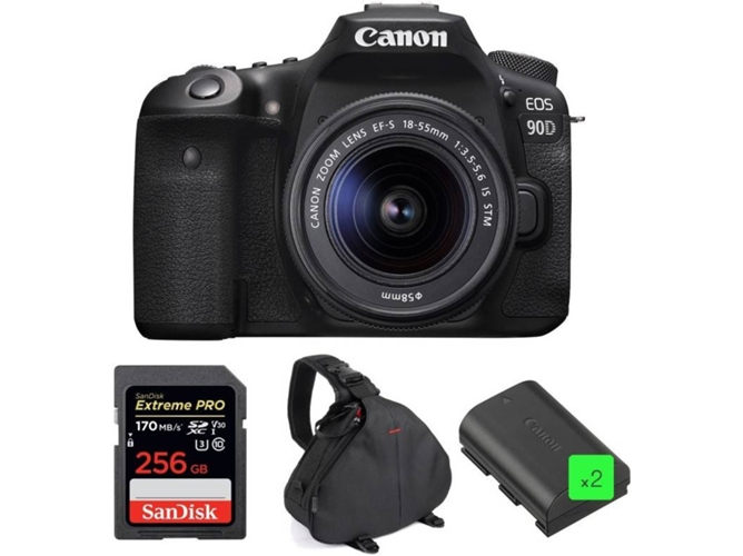 Kit Cámara Réflex CANON EOS 90D + 18-55mm IS STM + SanDisk 256GB + 2 LP-E6N + Bolsa