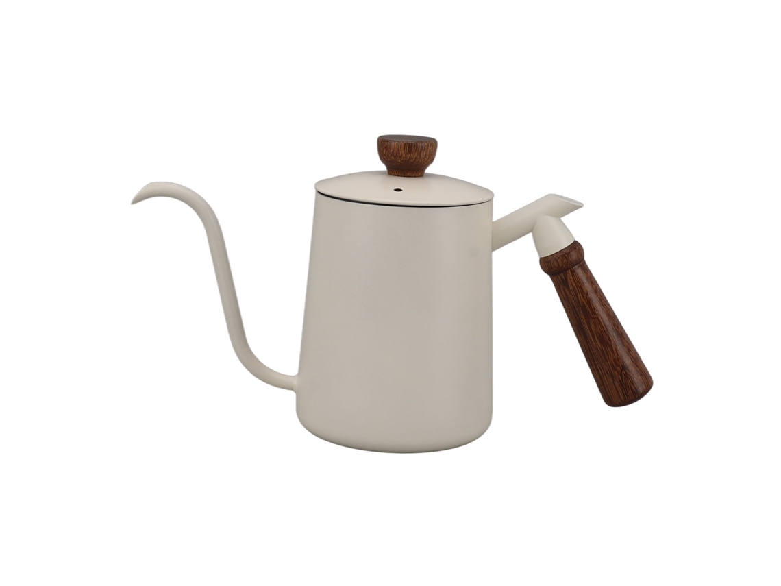 Jarra de café de cuello de cisne de 600 ml en acero inoxidable 304, mango de madera, color blanco