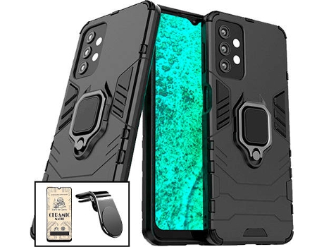 Kit Cristal Templado CeramicGlass Full Cover, Funda 3x1 Miltary Defender y Soporte Magnético L Safe Driving Coche Samsung Galaxy A32 4G PHONECARE N...