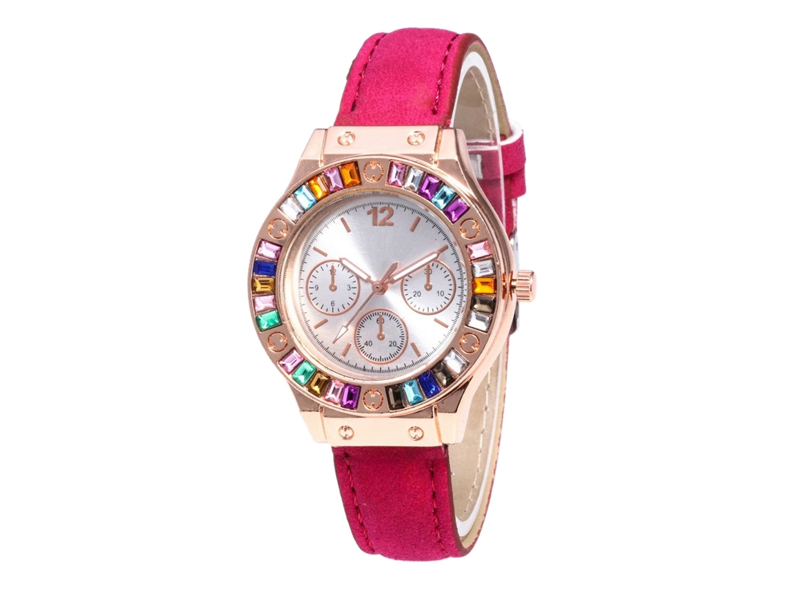 Reloj De Pulsera Para Mujer Con Strass Coloridos Cuero Pu Cuarzo Zhoulianfa Rojo Rosa