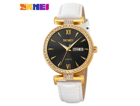 Relojes para mujer Diamante con fecha Reloj de pulsera analógico de cuero resistente al agua - Concha dorada, esfera negra - Cinturón blanco LUUCOZK