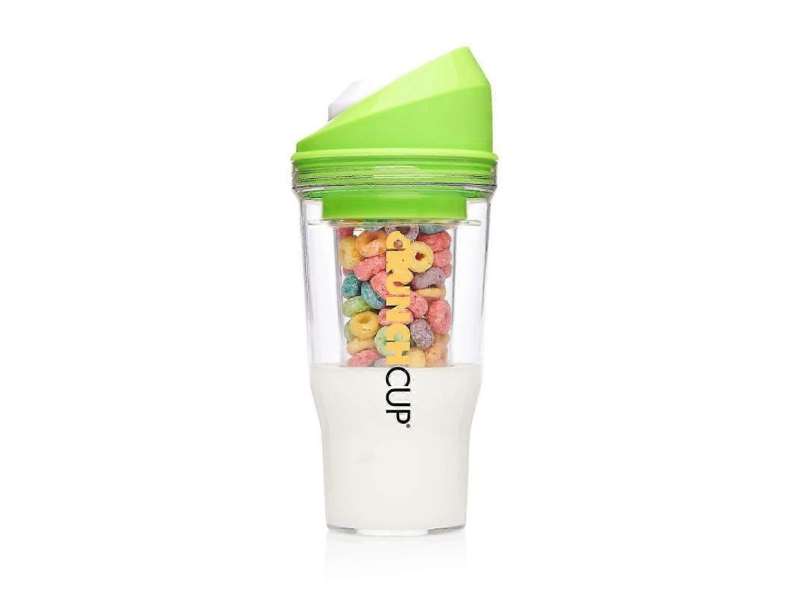 Vaso portátil para cereales 2026 con compartimento para leche, sin cuchara ni tazón, blanco, verde fluorescente.