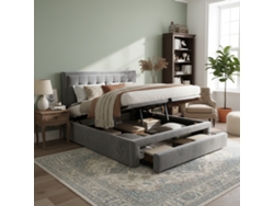Cama Tapizada En Terciopelo Con Cajones, De 140x200 Cm, Con Amplio Espacio De Almacenamiento Y Somier De Láminas Incluido, En Color Gris.