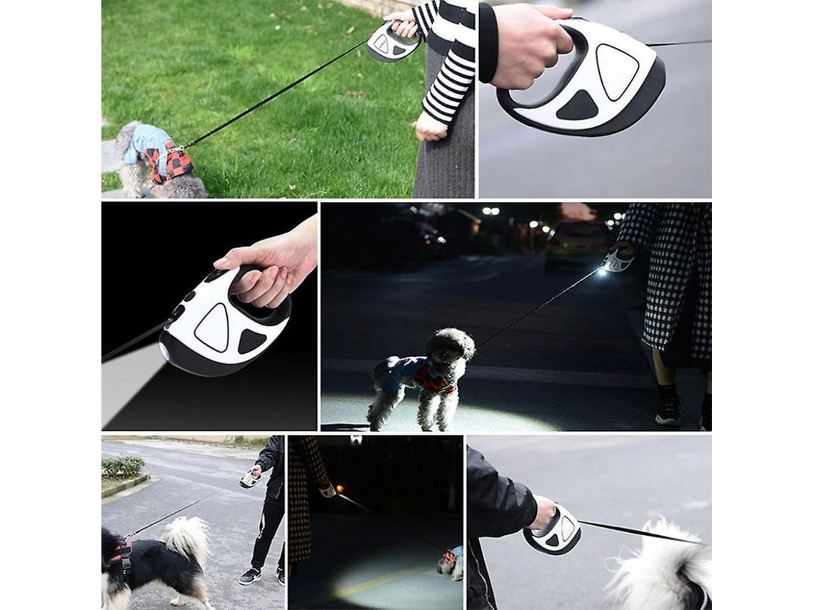 Coleira retrátil para cães 2026 com lanterna LED de 16 LEDs para raças pequenas, médias e grandes, tamanho G, azul.