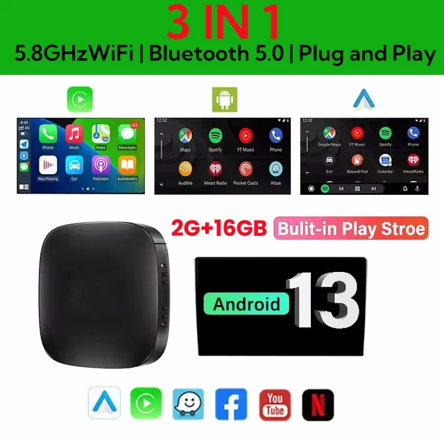 Nueva caja inteligente para coche con IA y Carplay, Android 13, Android Auto inalámbrico con Play Store, Netflix y YouTube para Carplay OEM, 2 GB + 16 GB