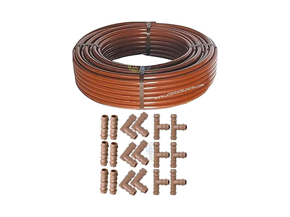 Tuberia de Goteo 16Mm 50 Metros Marron Sin Goteros 6 Te 6 Codo 6 Enlace SUINGA