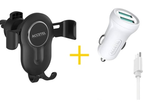 Kit Cargador Auto para Alcatel 1V 2019 ACCETEL SP118 (2.4A - Micro-USB - Negro y Blanco)
