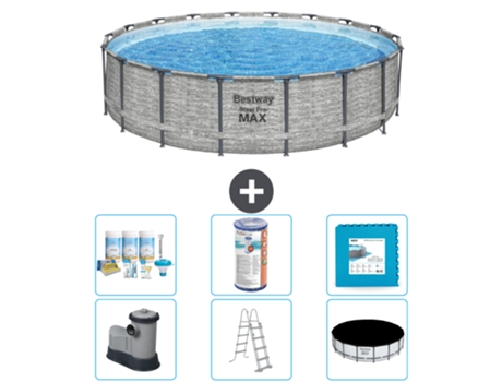Piscina BESTWAY Round Steel Pro MAX - Estampado Piedra - 549 x 122 - Incluye Bomba - Escalera - Cobertor Paquete de mantenimiento - Filtrar - Baldosas