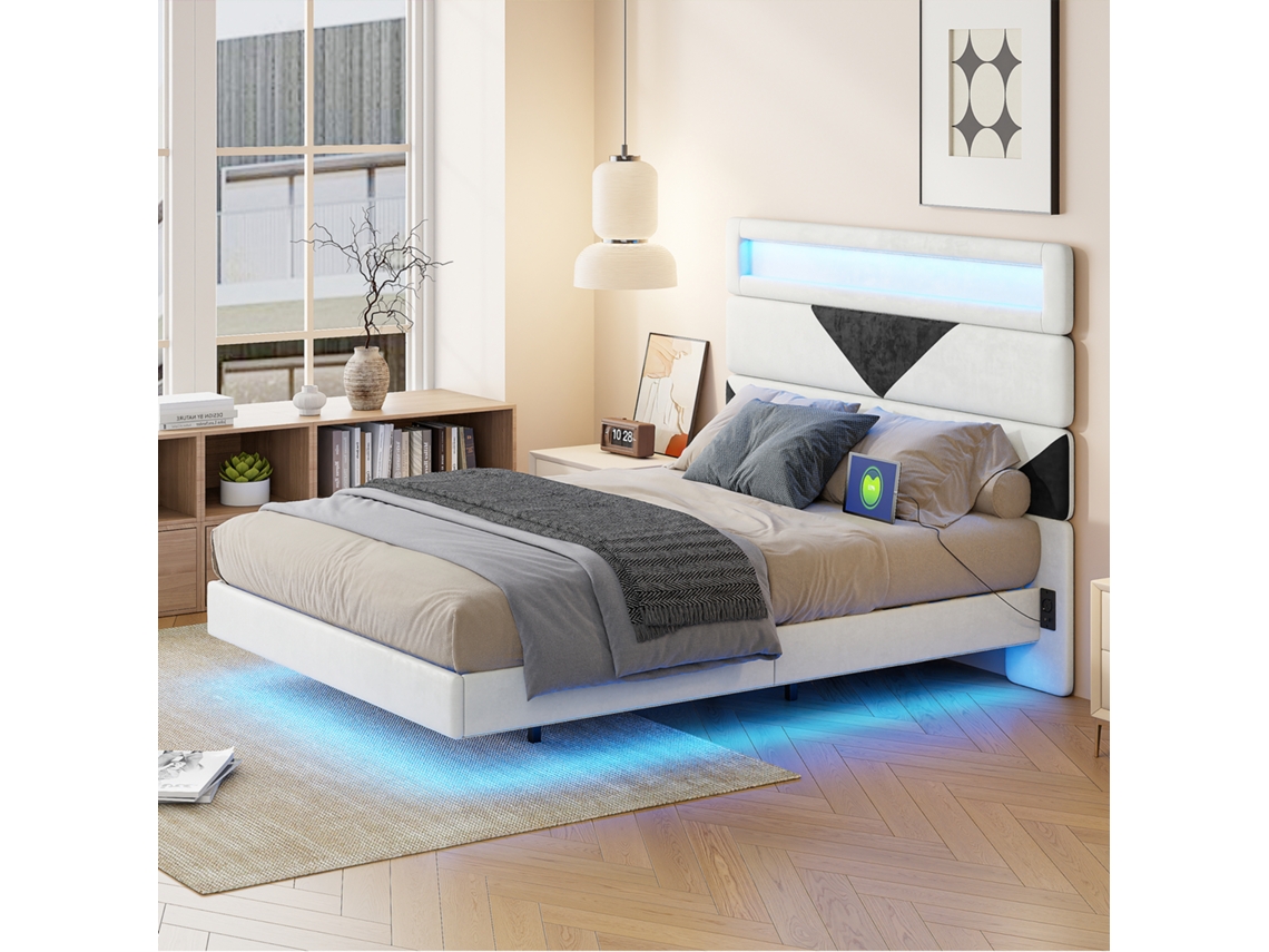 Cama Doble 160 X 200 Cm, Cama Tapizada Con Led, Cabecero Ajustable Con Usb, Para Adolescentes Y Adultos, Terciopelo Beige