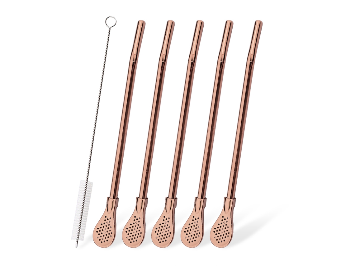 Juego de 5 bombillas de acero inoxidable para yerba mate, con infusor de hojas sueltas, cuchara y cepillo de limpieza, color rosa Aeuzwr