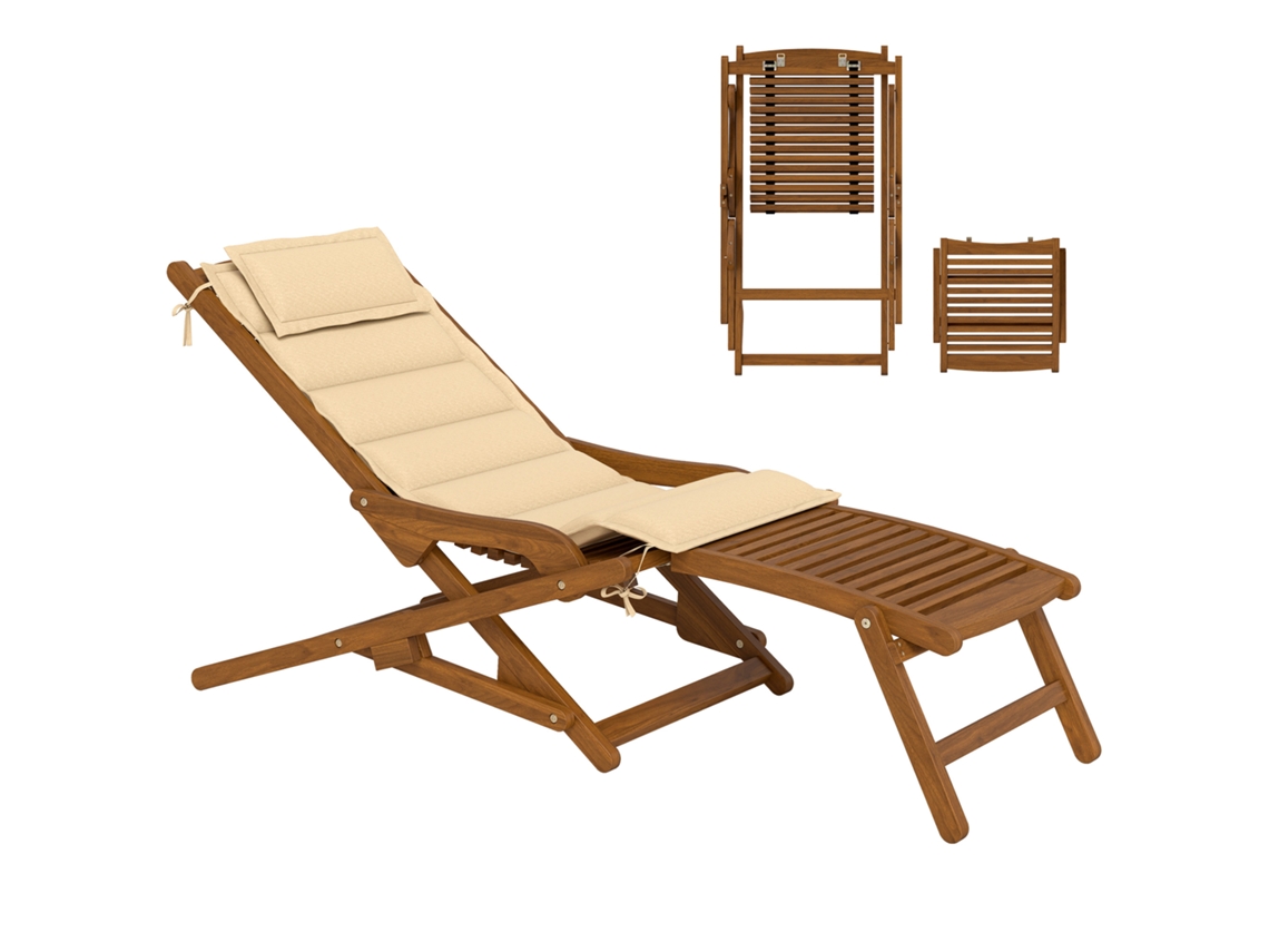 Tumbona Plegable De Madera-reposapiés Desmontable Y Cojín- Reposacabezas,carga 160 Kg, 158 X 61 X 70 Cm, Color Beige.