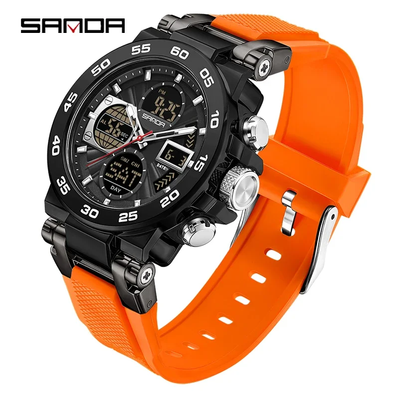 Reloj De Hombre Multifuncional Con Cronógrafo, Alarma Y Doble Pantalla (naranja), Resistente Al Agua.