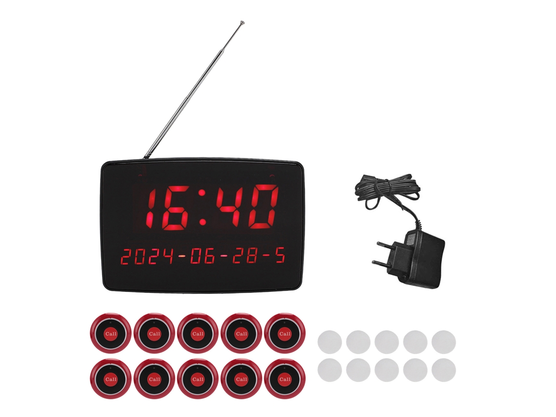 Sistema de llamada inalámbrico (10 botones impermeables, 1 receptor con pantalla)