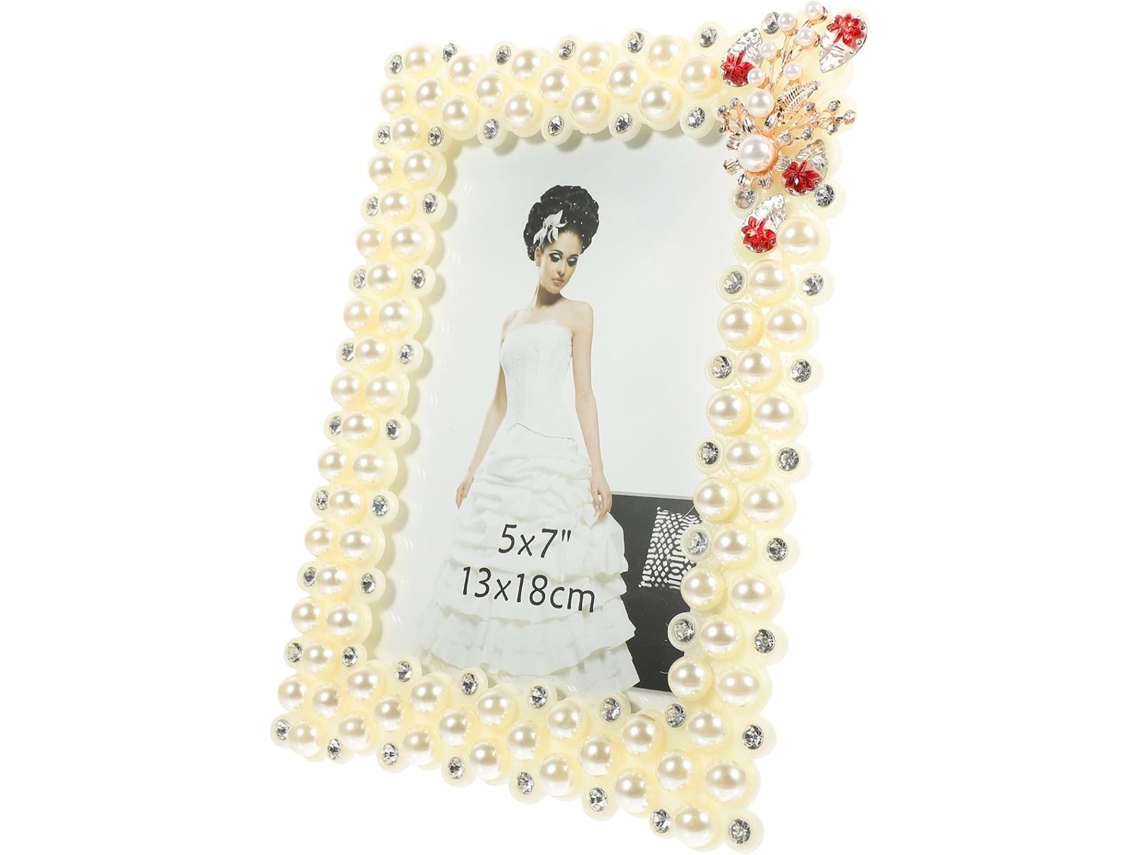 Marco decorativo para fotos con diamantes de imitación blancos y perlas, soporte estable, decoración elegante, ideal para fotos preciadas, de sobremesa - GOKOCO