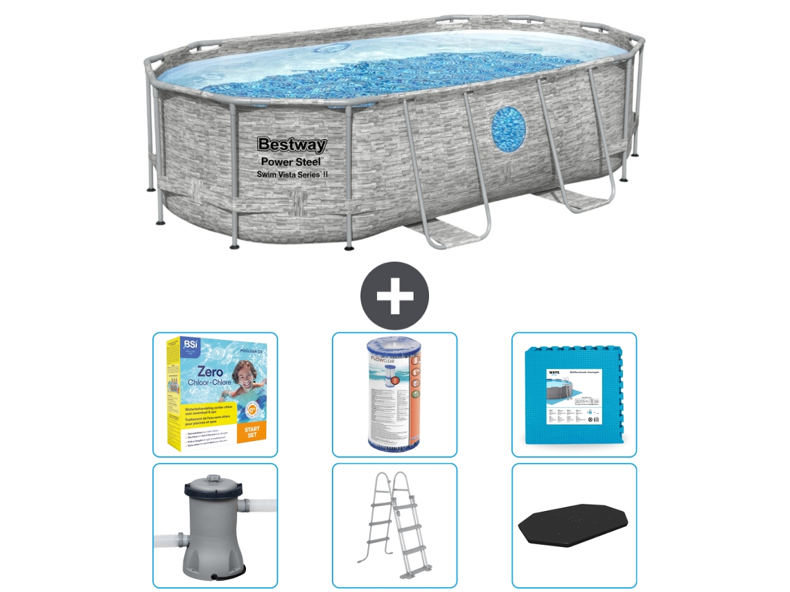Piscina BESTWAY Oval Power Steel Swim Vista - Estampado Piedra - 427 x 250 x 100 - Incluye Bomba - Escalera - Cobertor Accesorios CB34