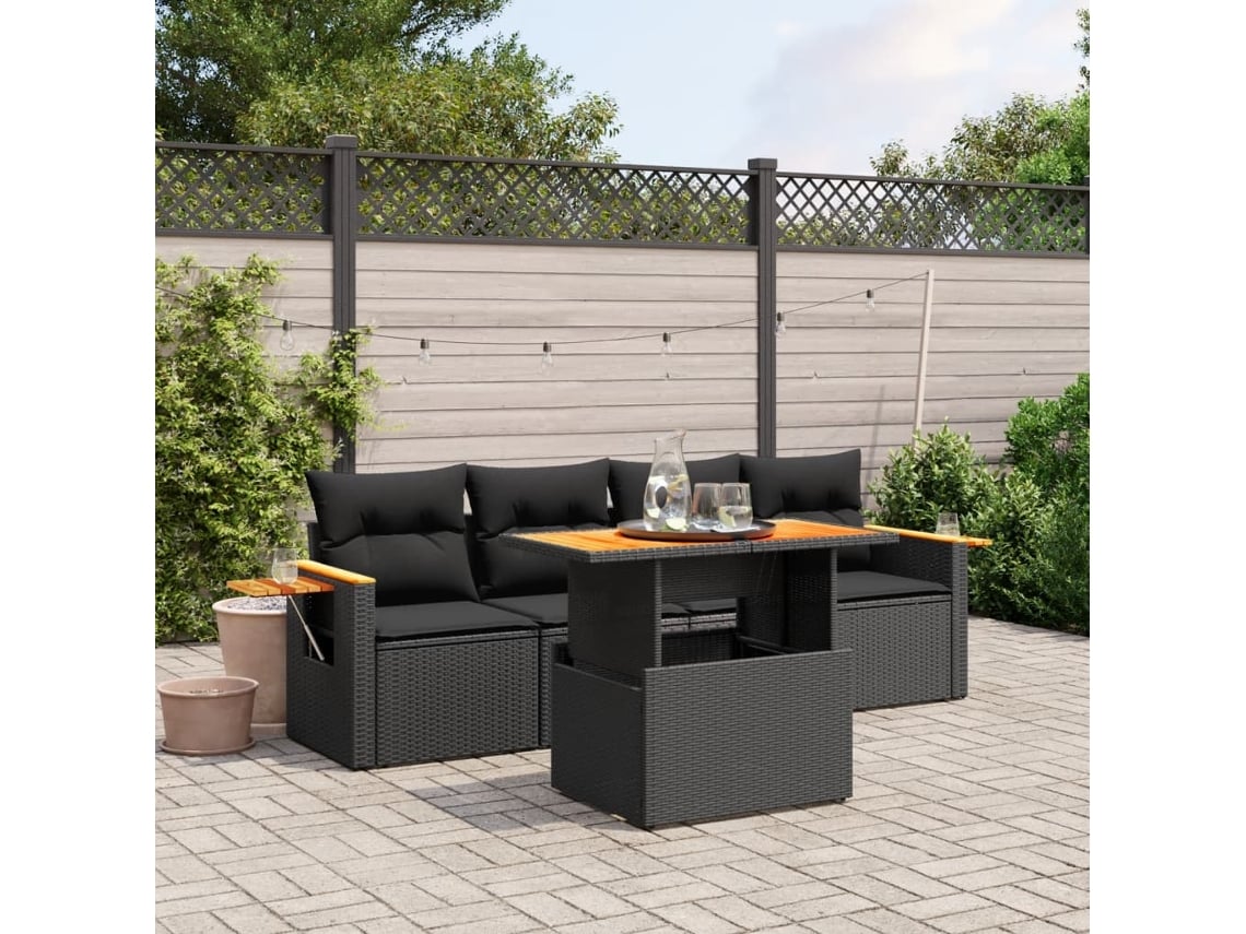 Conjunto de 5 sofás de jardín con cojines de mimbre sintético negro, Dkd Home Decor