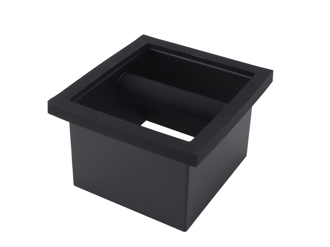 Contenedor de residuos de café rectangular empotrado sin fondo, hecho de goma y acero, para cocina y cafetería.