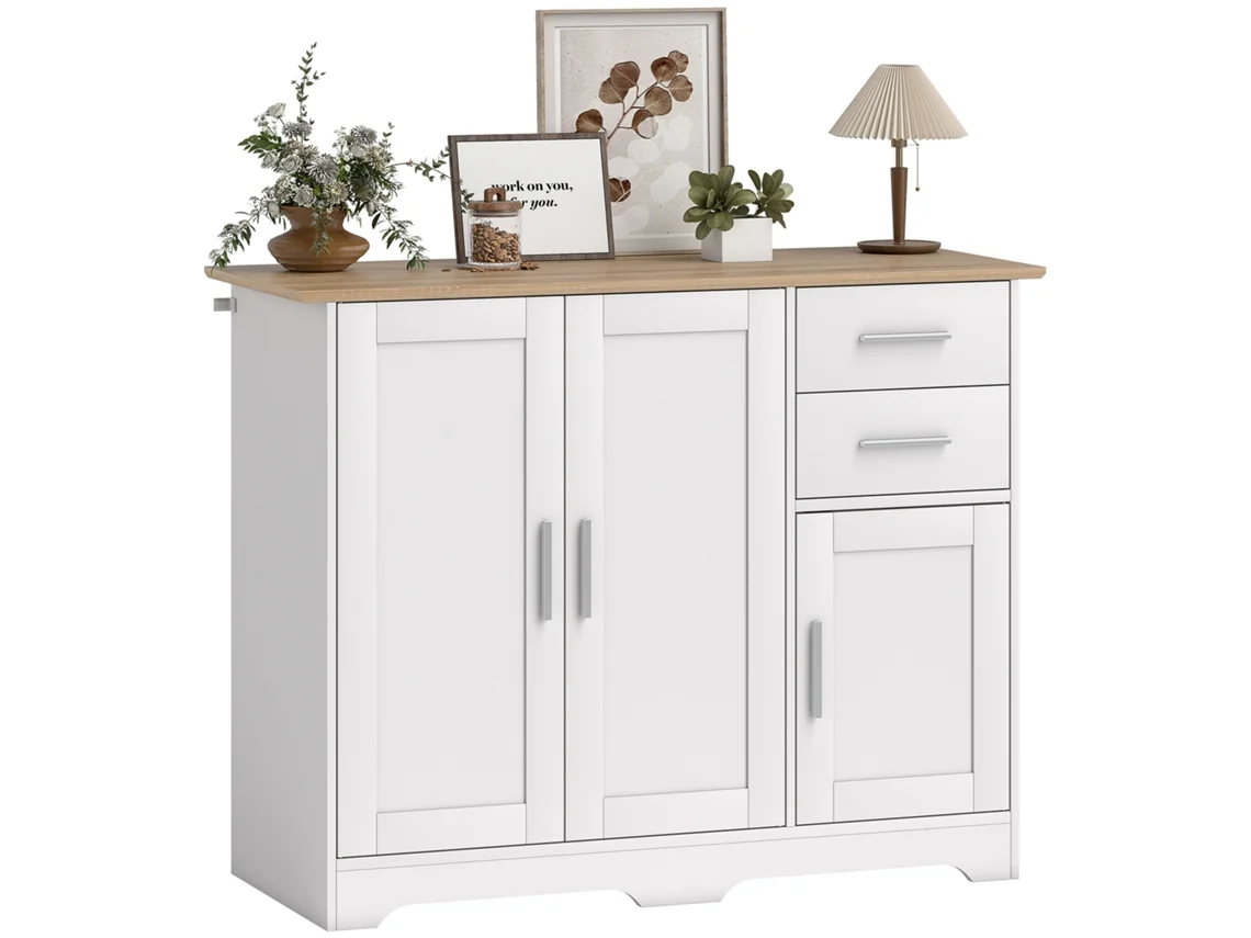Aparador para salón, mueble de almacenamiento con 2 cajones, 3 puertas y estante regulable, 100 x 40 x 78 cm, blanco y madera natural.