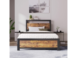 Cama individual de 90 x 200 cm con espacio de almacenamiento, estructura de metal marrón.