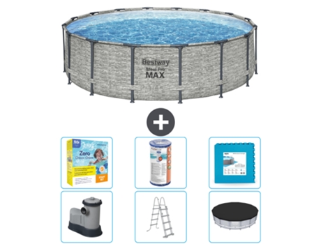 Piscina BESTWAY Round Steel Pro MAX - Estampado Piedra - 488 x 122 cm - Incluida Bomba - Escalera - Cobertor Accesorios CB34