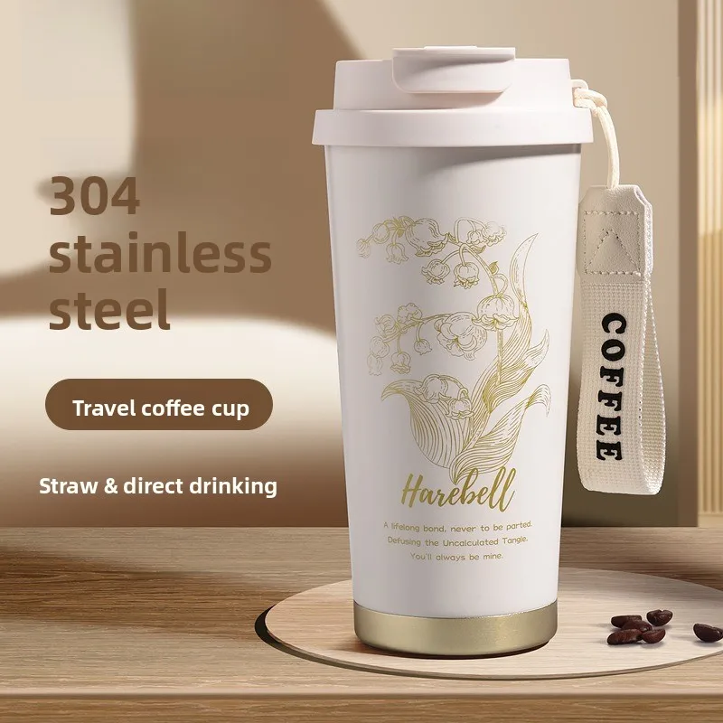 (blanco, 500 Ml) Taza Térmica De Acero Inoxidable Con Pajita Y Tapa Doble A Prueba De Fugas, Ideal Para La Oficina, El Coche Y Los Viajes.
