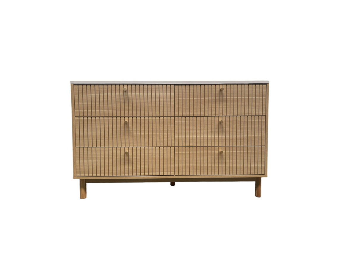 Aparador Brox de 6 cajones con aspecto de madera ranurada y blanco de 120 cm Concept U