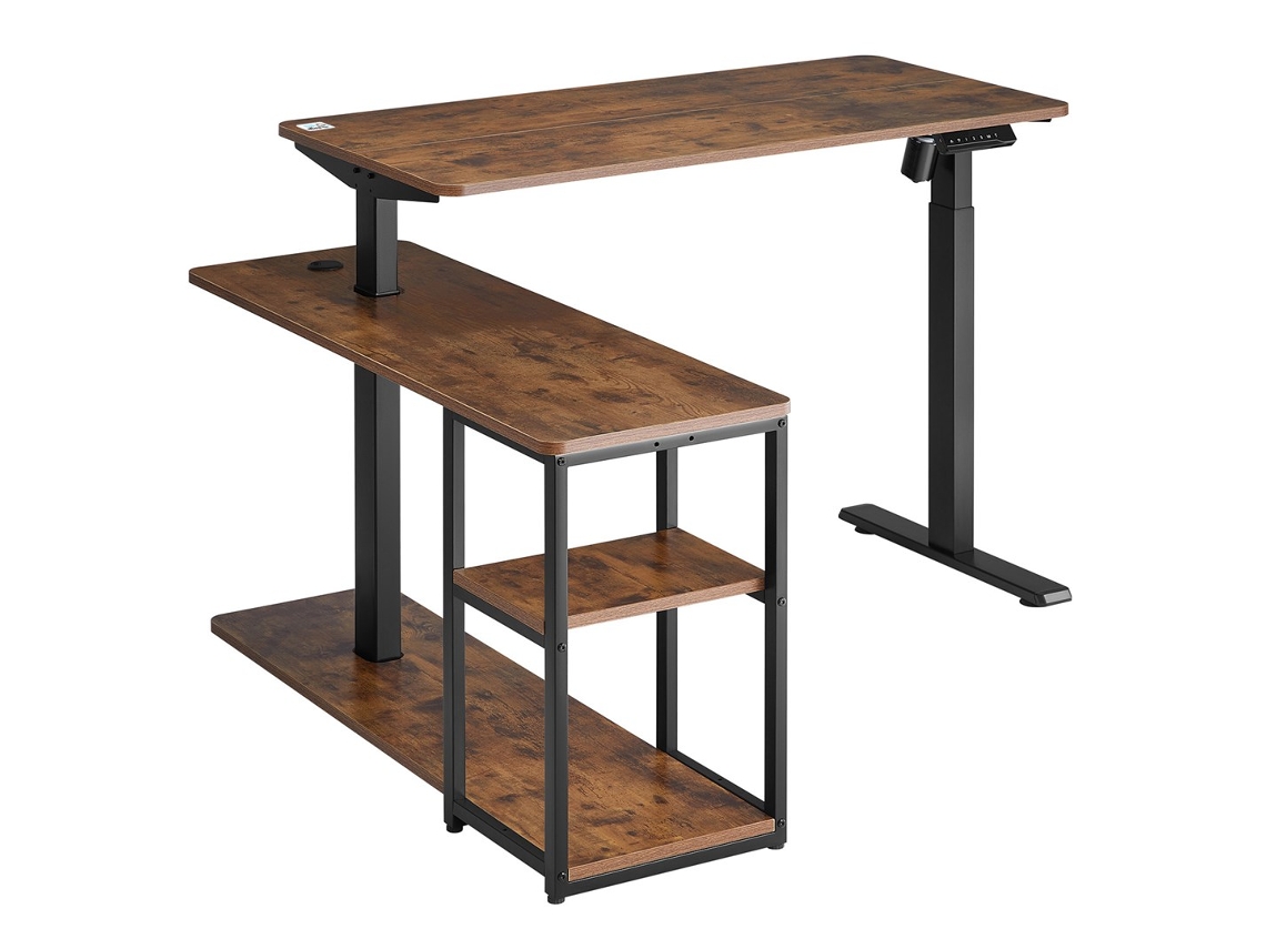 Escritorio elevable eléctrico, altura máxima 121 cm, carga máxima 70 kg, con tablero y estantes, para trabajar de pie, color marrón, Ergo Office