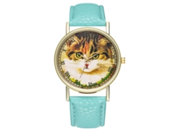 Reloj De Cuero Pu Unisex Con Dial Redondo Patrón De Gato Reloj De Cuarzo (verde Menta)