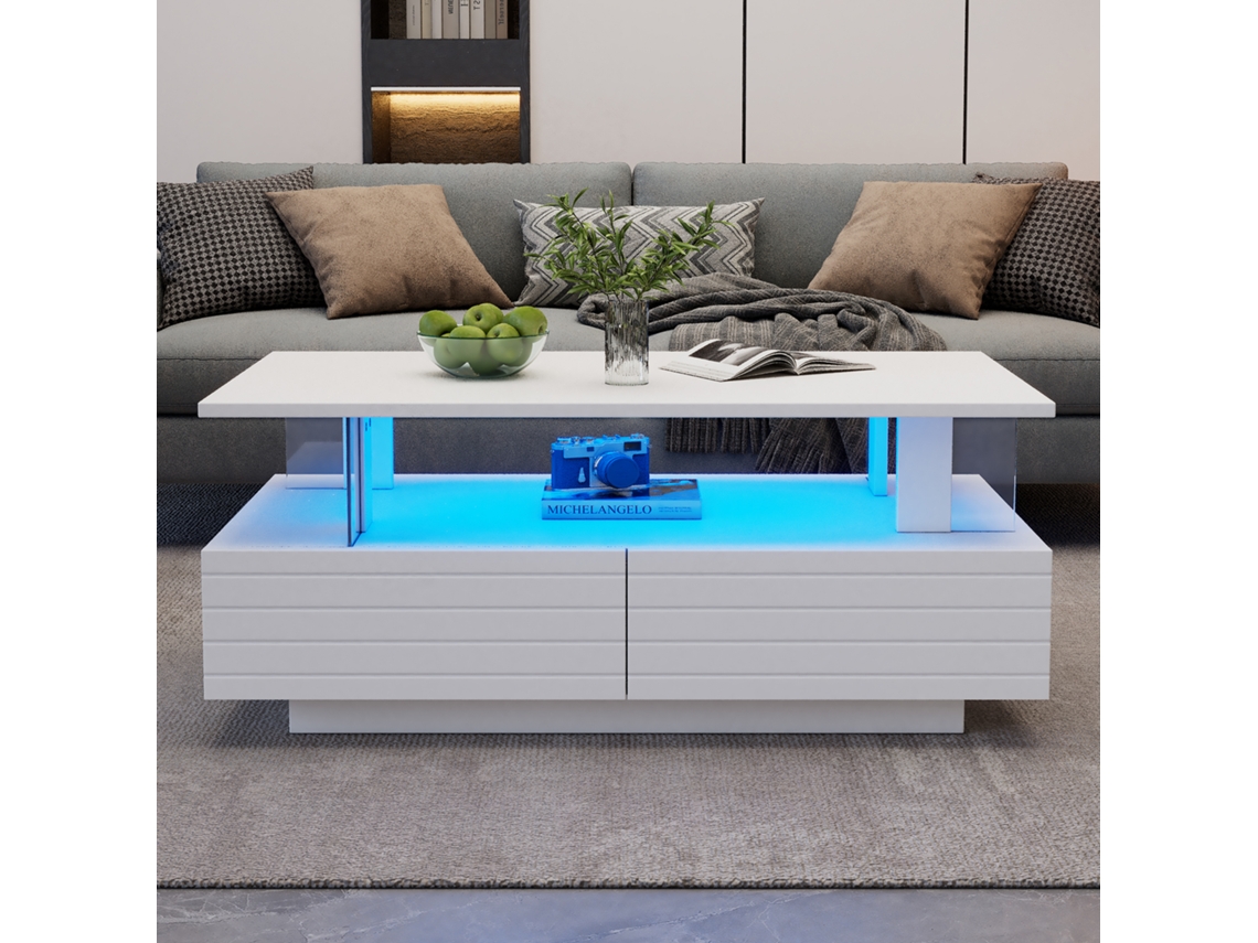 Mesa de centro LED blanca con función de almacenamiento, diseño acrílico con control Bluetooth para fiestas y oficinas, color blanco Mobrio