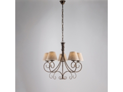 Lámpara de araña Viena de hierro marrón con pantallas decorativas doradas antiguas y D. 13 en tejido de yute efecto PVC, 5 luces, 118 Ø60 Belight