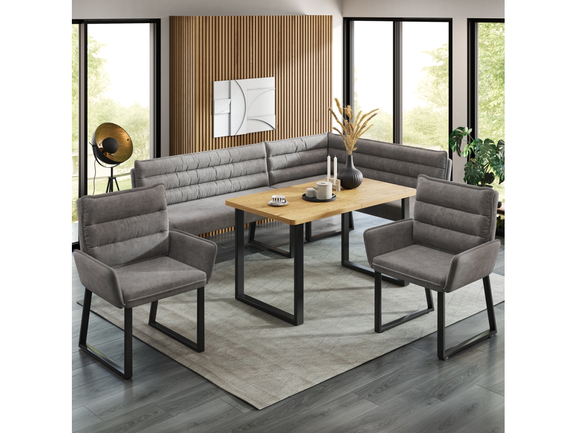 Conjunto De Esquina Con Banco De Chenilla Gris, 2 Sillas Y Mesa De Madera.