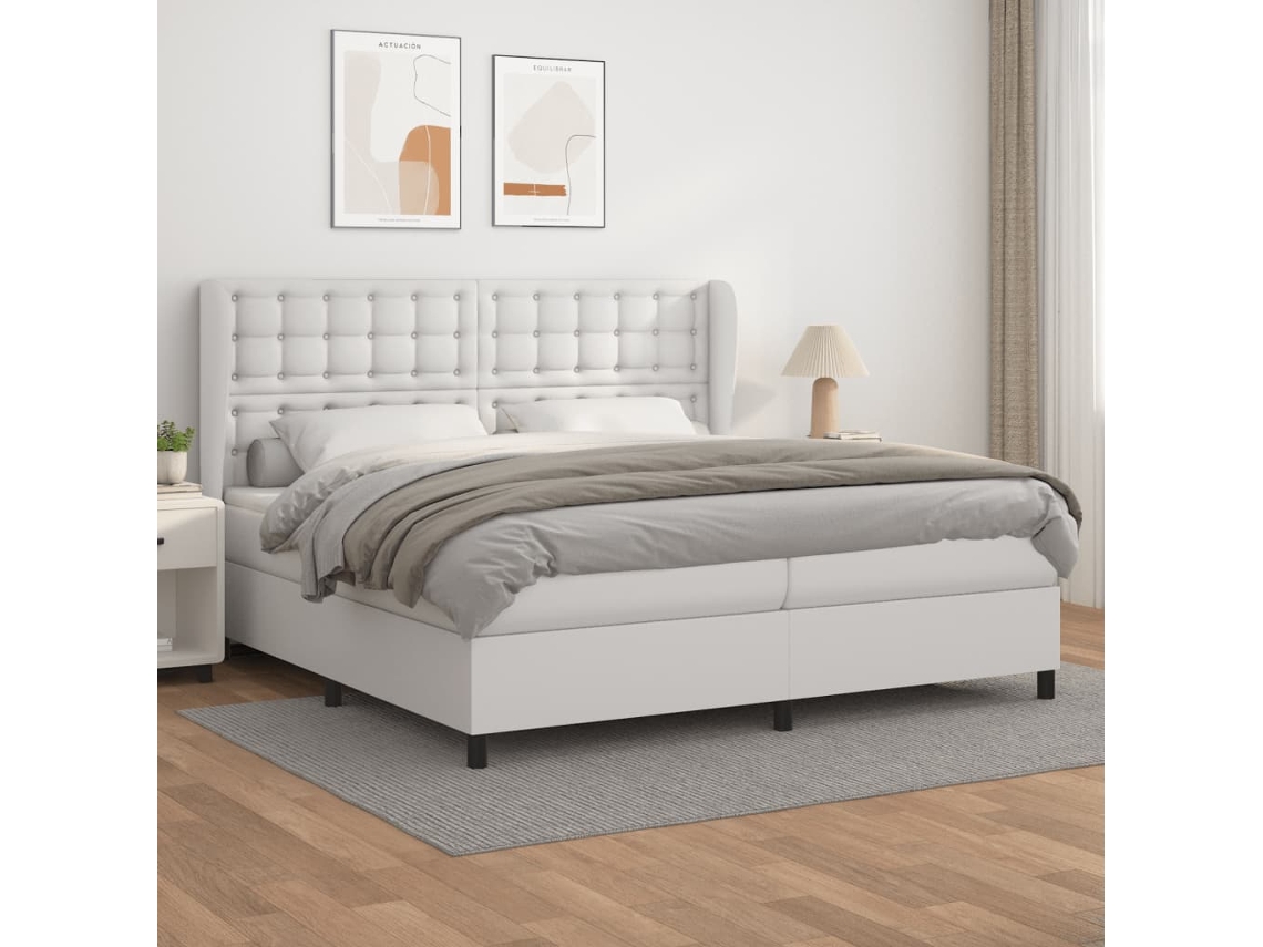 Cama Box Spring Con Colchón Cuero Sintético Blanco 200x200 Cm