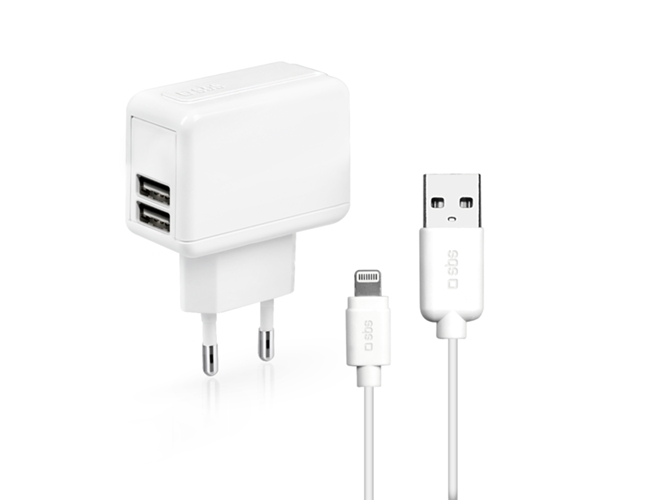 Cargador Adaptador y cable lightning SBS Viaje blanco — USB - MicroUSB | 1000 mAh | 1.2 m