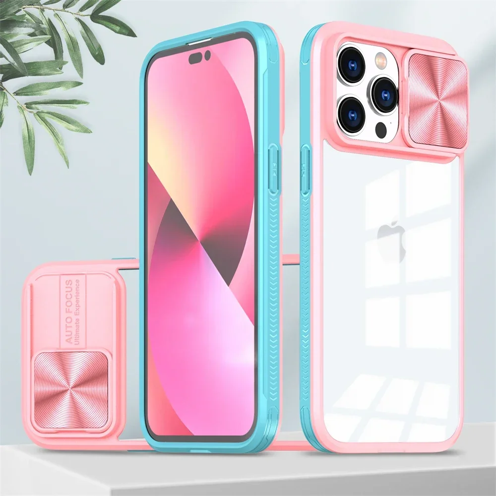 (iphone 11, Rosa) Funda Protectora Transparente Deslizante Para La Cámara Del Iphone Con Marco Rígido.