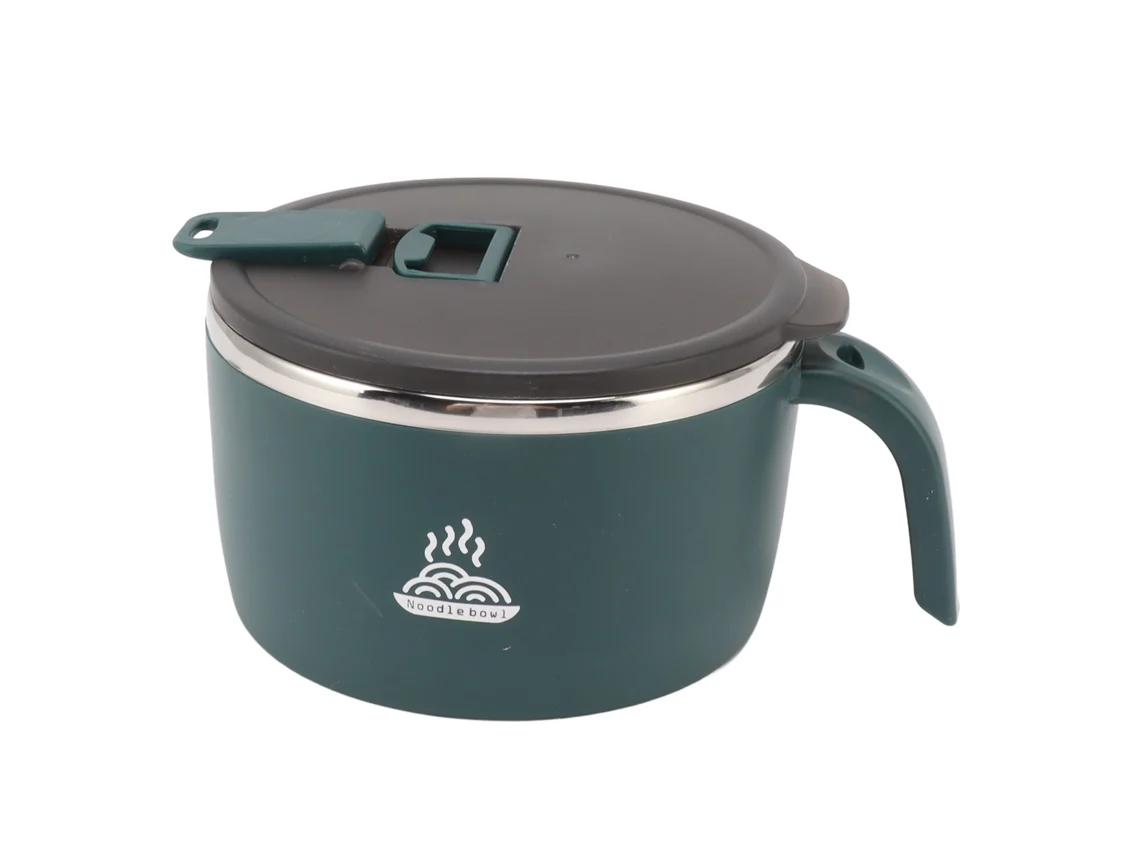Bowl De Fideos Instantáneos Acero Inoxidable 900ml Con Tapa Verde